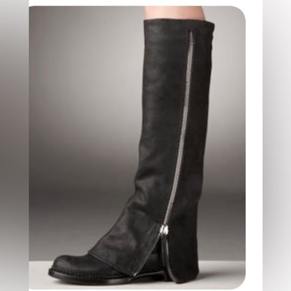 Miu Miu Black Leather Fold Over Side Zip Slouchy Knee-High Low Heel Boots 6.5